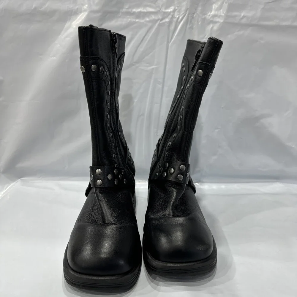 Steve Madden Valent Boots Girls 1 Black Leather Square Toe Studded Biker EBS933
